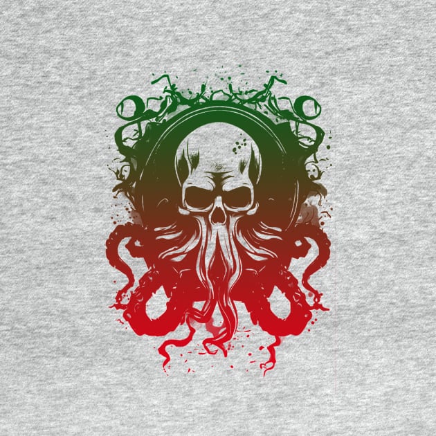 green and red skull face octopus by huwagpobjj